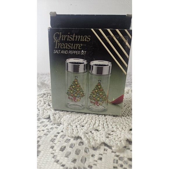 Christmas Tree Glass Salt and Pepper Shakers Vintage 80s New In Box - Picture 3 of 8